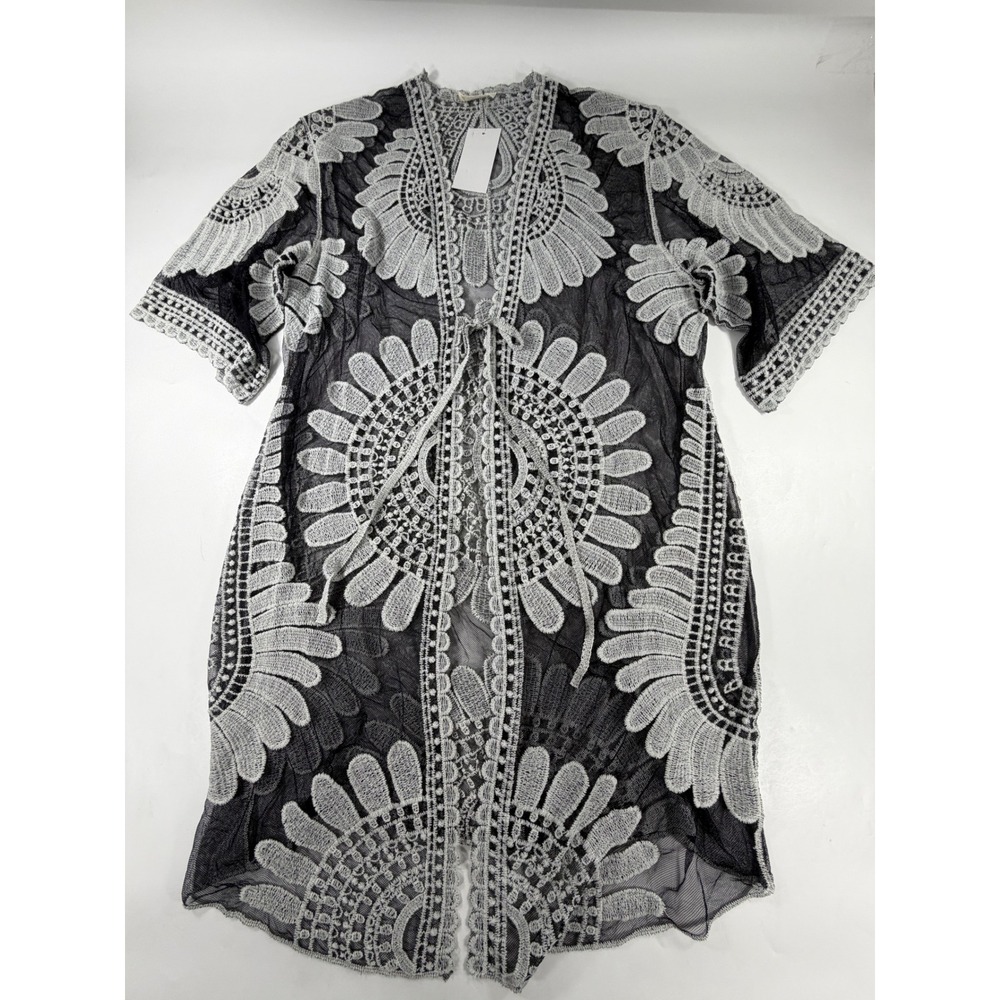 Ember Grey Black Floral Lace Mesh Kimono Cardigan Tie Front ST8449 NWT Medium